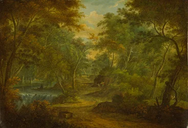 Bewaldete Landschaft mit einem Bach und einem Fischer