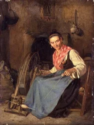 Frau beim Spinnen