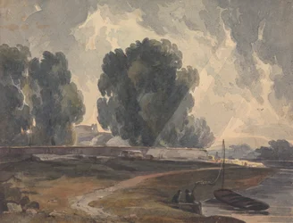 Landschaft mit Bäumen und See mit Figuren und Boot