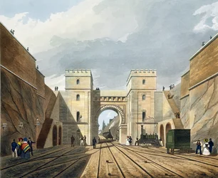 Maurischer Bogen, Blick aus dem Tunnel, Tafel 10 aus „Liverpool and Manchester Railway“, gestochen von S. G. Hughes, veröffentlicht von R. Ackermann, 1831