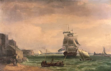 Kriegsschiffe und kleine Wasserfahrzeuge im Hafen von Portsmouth, spätes 18. oder frühes 19. Jahrhundert