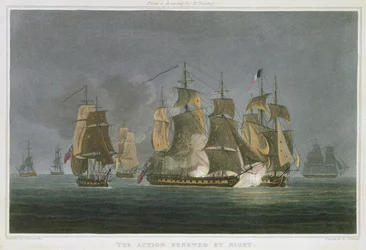 Die Aktion wird bei Nacht vor Madagaskar erneuert, 20. Mai 1811, graviert von J. Bailey für 