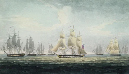 Das Flottenmanöver von Sir Graham Moore (1764-1843), dem Kommandeur des Geschwaders aus vier Fregatten der britischen Royal Navy, das am 5. Oktober vor Cádiz, Spanien, eine spanische Schatzflotte erbeutete