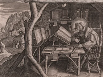 Der heilige Evagrius Ponticus vertieft in seine Studien, Radierung und Grabstichel von Thomas de Lieu (1560-1612)
