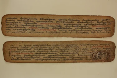 Milarepa in seiner Höhle, lehrt einen Jäger, um 1400-99