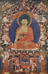 Tibetisches Tempelbild von Buddha auf dem Thron, 18. Jahrhundert, reproduziert in The Outline of History: being a plain history of life and mankind von H.G. Wells, London