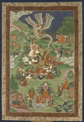 Thangka mit Szenen aus dem Leben des Buddha, zweite Hälfte des 19. Jahrhunderts