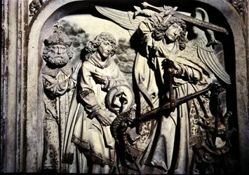 Grab von Heinrich II. (973-1024) und seiner Frau Kunigunde, Detail des Wiegens des Herzens von Heinrich II. in Anwesenheit von St. Laurentius
