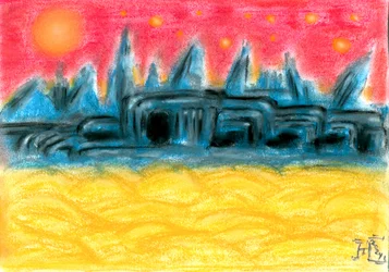 Außerirdische Stadt bei Sonnenuntergang