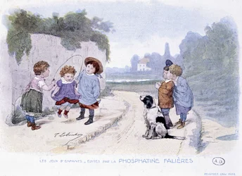 Kinderspiele: Mädchen spielen Seilspringen (Zeichnung von Lobrichon, herausgegeben von Phosphatine Falieres, ca. 1920)