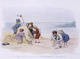 Kinderspiele: Kinder bauen eine Sandburg - Zeichnung von Lobrichon, ed. von Phosphatine Falières, ca. 1920