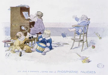 Kinderspiele: Kinder spielen verschiedene Musikinstrumente (Zeichnung von Lobrichon, herausgegeben von Phosphatine Falieres, ca. 1920)