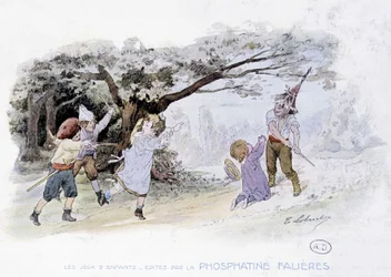 Kinderspiele: Kinder spielen Krieg, Soldaten - Zeichnung von Lobrichon, ed. von Phosphatine Falières, ca. 1920