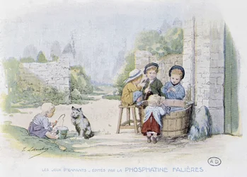 Kinderspiele: Angeln in einem Eimer (Zeichnung von Lobrichon, herausgegeben von Phosphatine Falieres, ca. 1920)