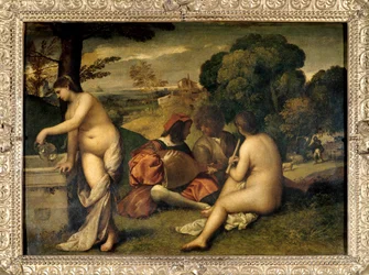Das Musikkonzert. Musiker auf dem Gras; die beiden Frauen sind nackt, und eine von ihnen hat ihren Krug an einem Brunnen mit Wasser gefüllt. Tiziano Vecellio, genannt Tizian (1485-1576), oder Giorgio da Castelfranco, genannt Giorgione (1476/1478-1510)