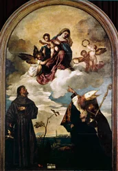 Madonna in Herrlichkeit mit Kind, den Heiligen Franziskus und Alvise und dem Stifter Luigi Gozzi