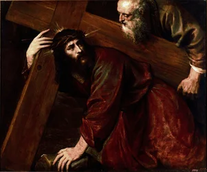 Christus und Simon von Kyrene. Simon von Kyrene, der Kyrenäer, hilft Jesus, sein Kreuz zu tragen (1485-1576)