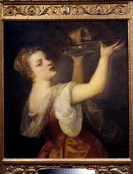 Salome mit dem Kopf von Johannes dem Täufer. Bei einem Bankett tanzt Salome, die schöne Tochter von Herodes Antipas II (21 v. Chr.-39 n. Chr.), und verlangt den Kopf von Johannes dem Täufer als Geschenk für ihre Mutter Herodias. Gemälde von Tiziano Vecelli