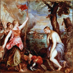 Spanien zur Hilfe der Religion: Allegorie des Sieges der Truppen von Papst Pius V. (einschließlich Spanien) über die Flotte des Osmanischen Reiches in der Seeschlacht von Lepanto im Jahr 1571. Eine entblößte Frau (Religion) wird von einem Krieger, der Span