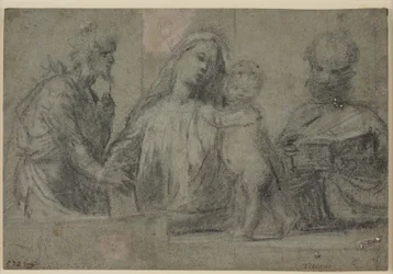 Halbfiguren einer Madonna und eines Kindes, flankiert von den Heiligen Johannes dem Täufer und Petrus