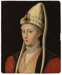 Porträt einer Frau, möglicherweise Haseki Hürrem Sultan, genannt Roxelana, Brustbild, in osmanischer Tracht, mit einem juwelenbesetzten Kopfschmuck