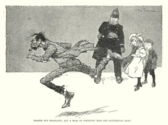 Kopfüber losgestürmt, eine Masse wirbelnder Haare und flatternder Lumpen