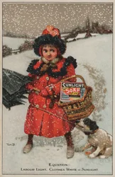 Mädchen geht im Schnee nach Hause: Werbung für Sunlight-Seife (Chromolithografie)