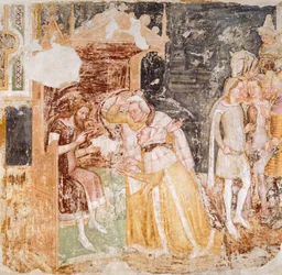 Die Entsendung von Botschaftern des Königs von England, Detail aus Geschichten der Heiligen Ursula, von Tommaso da Modena, Fresko