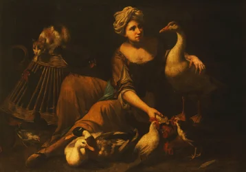 Ein Mädchen füttert Hähne, mit einer Katze auf einem Korb, einer Gans, einer Ente und anderen Vögeln