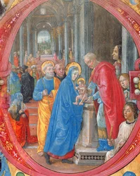 Corale B 26 c.113r Historisierte Initiale C, die die Darstellung im Tempel zeigt, mit einem Porträt von Lorenzo dem Prächtigen 1449-92 an einer Säule auf der rechten Seite (Detail)