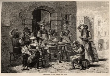 Der Makkaronihändler, Zeichnung von Bergue, zur Illustration von Neapel und den Neapolitanern, 1861, von Marc Monnier (1829-1885). Gravur in „Le tour du monde“ 1861. Sammlung Selva