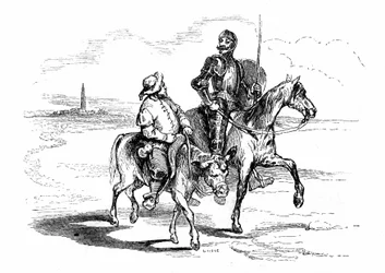 Don Quijote (Qijote, Quixote) reitet auf seinem Pferd Rosinante mit seinem treuen Knappen Sancho Panza (Panca) auf dessen Esel. Illustration zu Cervantes