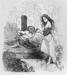 Esmeralda gibt Quasimodo zu trinken, Illustration aus Victor Hugos „Der Glöckner von Notre-Dame“