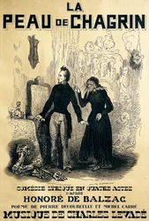 Plakat für Le peau de chagrin, komische Oper, Libretto von Pierre Decourcelle und Michel Carre, Musik von Charles Levade, nach dem Roman von Honore De Balzac, Zeichnung von Tony Johannot