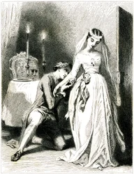 Seufzender Liebhaber kniet zu Füßen seiner schönen Verlobten in einem Kerzenlicht-Interieur - Mädchen in romantischem Kleid und Frisur - Gravur von Tony Johannot (Antoine Johannot)