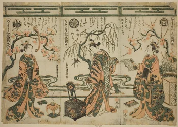 Die Schauspieler Sanogawa Ichimatsu (rechts), Nakamura Tomijuro (Mitte) und Nakamura Kumetaro (links), aus Ein Vergleich - Set von Drei (Nazorae Sanpukutsui)