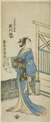 Der Schauspieler Segawa Senjo (Kikunojo III) als die Frau von Amakawaya Gihei im Stück "Kanadehon Chushingura," aufgeführt im Nakamura Theater im fünften Monat, 1776