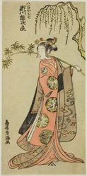 Der Schauspieler Segawa Yujiro I als Oshichi im Stück "Edo no Haru Meisho Soga," aufgeführt im Ichimura Theater im dritten Monat, 1773