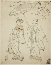 Die Schauspieler Ichikawa Komazo I (L) und Nakamura Matsue I (R)