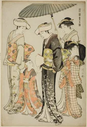 Ein Mädchen und vier Diener, aus der Serie "Ein Brokat östlicher Sitten (Fuzoku Azuma no nishiki)"