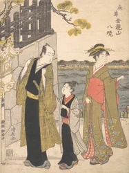 Ein Mann mit einem Jungen und einer Geisha, die den Kinryusan-Tempel besuchen, ca. 1787