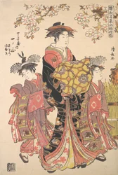 Eine Oiran begleitet von zwei Kamuro