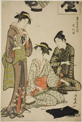 Abkühlung in Nakasu (Nakasu no suzumi), aus der Serie "Eine Sammlung zeitgenössischer Schönheiten der Vergnügungsviertel (Tosei yuri bijin awase)"