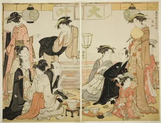 Unterhalter von Nakazu, aus der Serie "Eine Sammlung zeitgenössischer Schönheiten der Vergnügungsviertel (Tosei yuri bijin awase)"