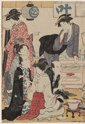 Unterhaltung auf einem Balkon am Wasser in Nakasu, aus der Serie, Eine Sammlung schöner moderner Frauen der Vergnügungsviertel