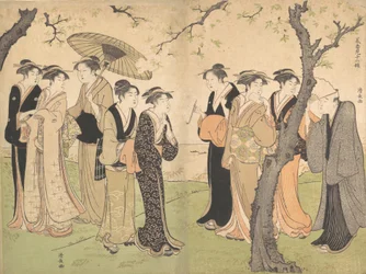Gruppe von sechs Geishas unter den Kirschbäumen auf Gotenyama, ca. 1785