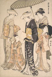 Hochrangiges Samurai-Mädchen mit vier Begleitern, aus der Serie Ein Brokat des Ostens