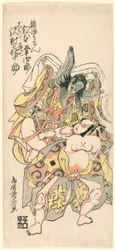 Matsumoto Koshiro III als Kusunoki Bokon und Sawamura Kijuro als Omori Hikoshichi in der Szene aus einem Drama (Sandaime Matsumoto Koshiro no Kusunoki Bokon to Sawamura Kijuro no Omori Hikoshichi)