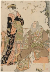 Die Schauspieler Ichikawa Danjuro V als Hige no Ikyu, Nakamura Riko als Agemaki und Ichikawa Ebizo als Agemakis Begleiter im Stück "Sukeroku Yukari no Edozakura" im Nakamura Theater im dritten Monat, 1784