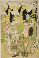 Die Schauspieler Ichikawa Monnosuke II als Munesada, Segawa Kikunojo III als Kurtisane Sumizome und Nakamura Nakazo I als Sekibei, im Stück "Tsumoru Koi Yuki no Seki no To," aufgeführt im Kiri Theater im elften Monat, 1784